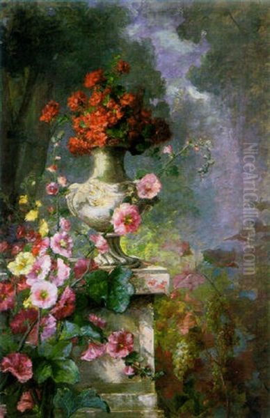 Still Life Of Hollyhocks And Red Flowers In A Baroque Vase Oil Painting by Gabrielle Millioud-Melay