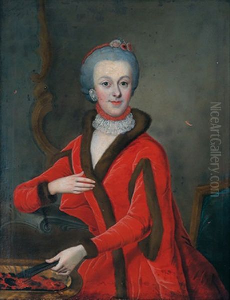 Bildnis Einer An Einem Kohlebecken Stehenden Jungen Dame In Rotem Pelzbesetztem Kleid Oil Painting by Johann Michael Millitz