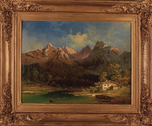 Mountain Landscape With Farm And Lake Oil Painting by Karl Millner