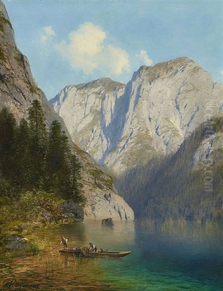 Fischer Im Nachen Am Ufer Eines Gebirgssees Oil Painting by Karl Millner