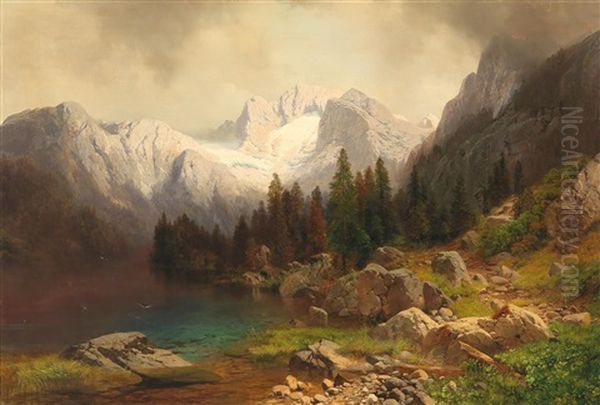 View Of The Dachstein From The Gosausee Oil Painting by Karl Millner