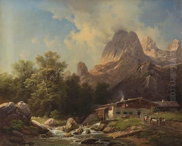 Bauernhaus Mit Fuhrwerk Im Bayrischen Gebirge Oil Painting by Karl Millner