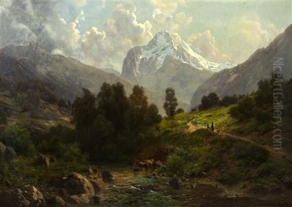 Mountainscape With Figures On A Path Oil Painting by Karl Millner