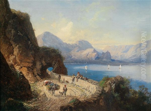 Parthie Der Neuen Strase Von Garda (?) Nach Ponale Am Gardasee, Im Hintergrund Schloss Arco Oil Painting by Karl Millner