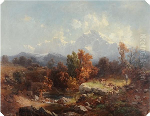 Ansicht Der Zugspitze Im Wettersteingebirge Von Nordwesten. Im Vordergrund Viehherde Und Bauerin Oil Painting by Karl Millner