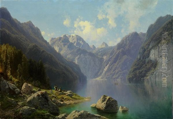 Konigsee Mit Watzmann Und Sankt Bartholoma, Im Vordergrund Rastende Jager Oil Painting by Karl Millner