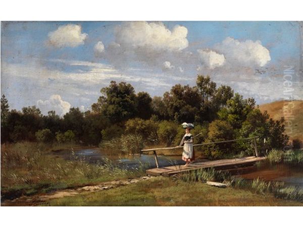 Sommerliche Landschaft Mit Einer Wascherin Auf Einer Bachbrucke Oil Painting by Karl Millner