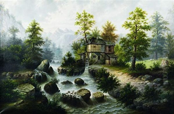 Stimmungsvolle Gebirgslandschaft Im Morgentau Mit Fachwerkmuhlenhaus Und Wassermuhlenrad Am Wildbach by Karl Millner