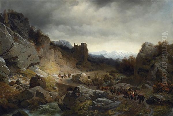 Im Hochgebirge. Almbauern Mit Tieren Und Planwagen Auf Dem Abstieg Oil Painting by Karl Millner