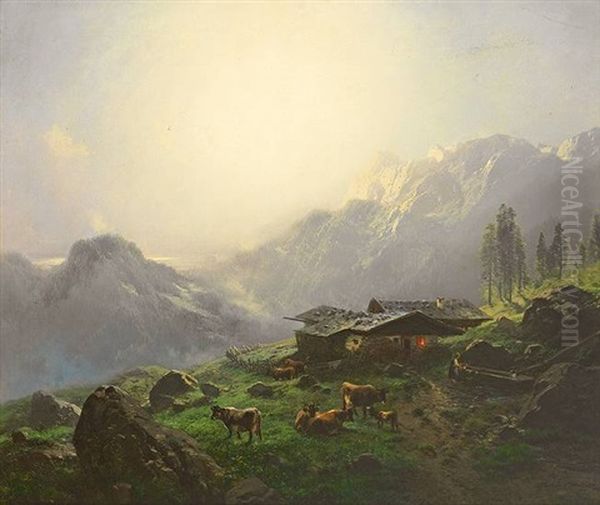 Prachtvolle Abendliche Alpenlandschaft Mit Sennhutte Und Vieh Auf Der Weide Oil Painting by Karl Millner