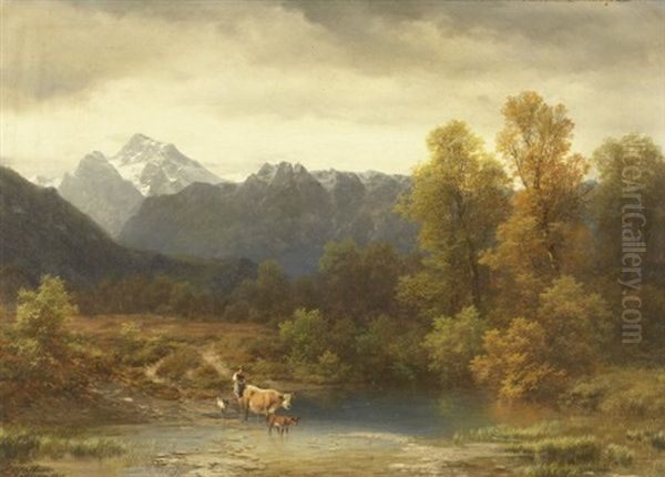 Gebirgslandschaft Mit See Und Kleinherde In Den Salzachauen Bei Salzburg Oil Painting by Karl Millner