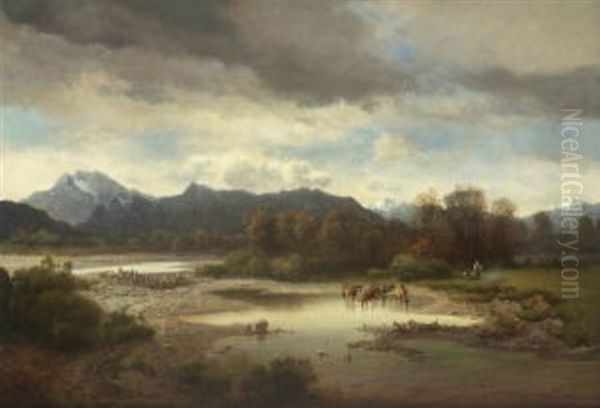 Oberbayerische Fluslandschaft (isartal Bei Tolz?) Oil Painting by Karl Millner