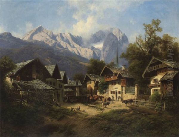 A Springtime Alpine Landscape With Figures And Cattle In The Village Square Of Garmisch, Germany Oil Painting by Karl Millner