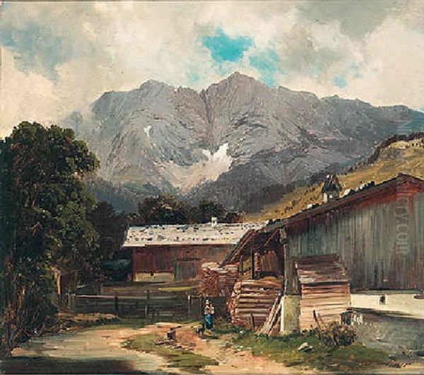 A View Of A Farmhouse In The Alps Oil Painting by Karl Millner