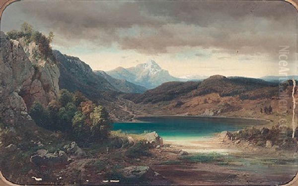 Mountainous Landscape With A View Of A Lake Oil Painting by Karl Millner