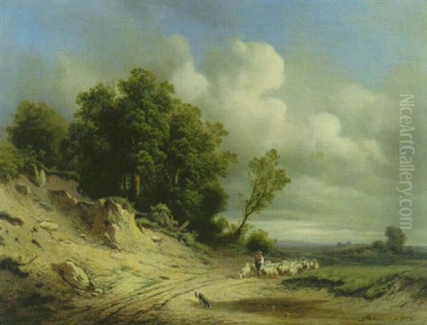 Schafer Mit Seiner Herde Auf Dem Weg Am Waldrand Oil Painting by Karl Millner