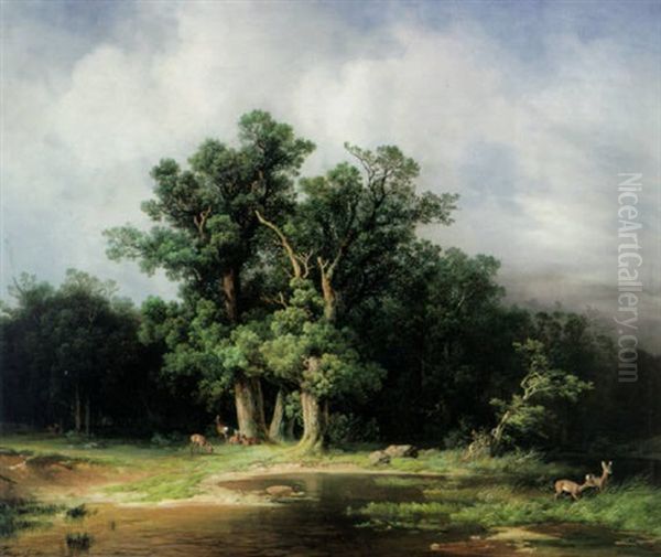 Prachtvolle Sommerliche Landschaft Mit Eichenwald Im Spaten Sonnigen Licht Oil Painting by Karl Millner