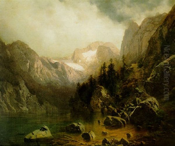 Figure In An Alpine Landscape Oil Painting by Karl Millner