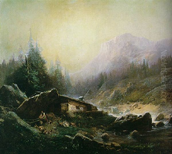 Sennhutte In Einem Hochgebirgstal Oil Painting by Karl Millner