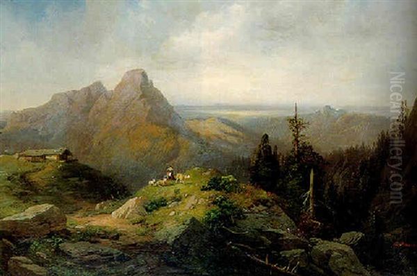 An Alpine Landscape With A Shepherdess And Sheep Oil Painting by Karl Millner