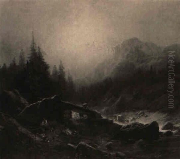 Almhutte Im Hochgebirge Oil Painting by Karl Millner