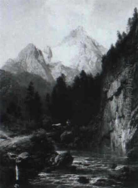 Alpine Landscape With Figure And Cattle Crossing A River Oil Painting by Karl Millner