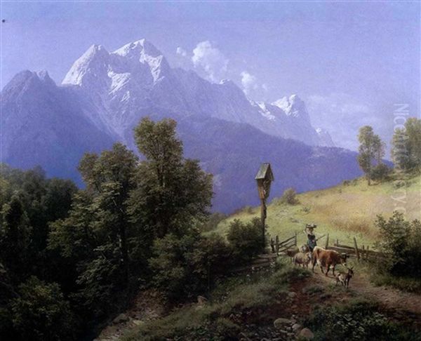 Parthie Am Weg Nach Preinau Bei Partenkirchen, Im           Hintergrund Der Machsenstein Und Die Zugspitz Sichtbar Oil Painting by Karl Millner