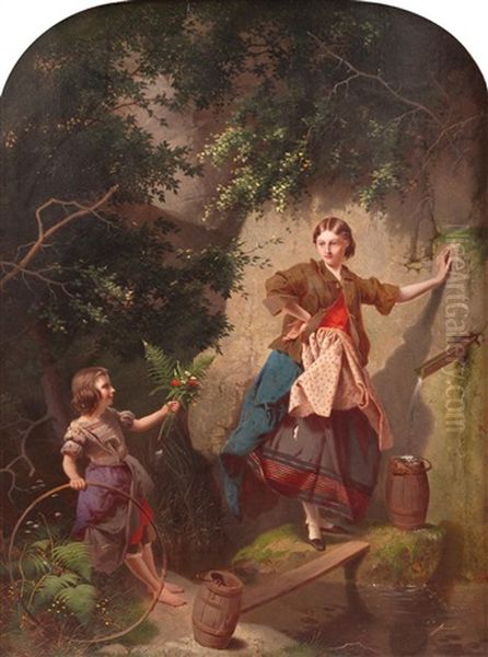 At The Well - Two Young Girls In A Wooded Setting Oil Painting by William Edward Millner