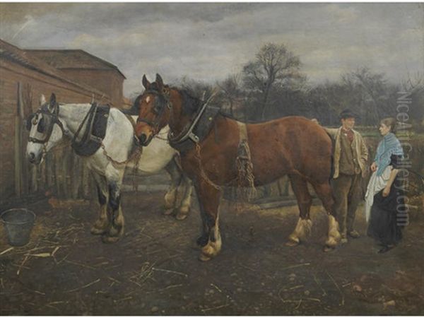 Shire Horses At The End Of A Hard Day's Work Oil Painting by William Edward Millner