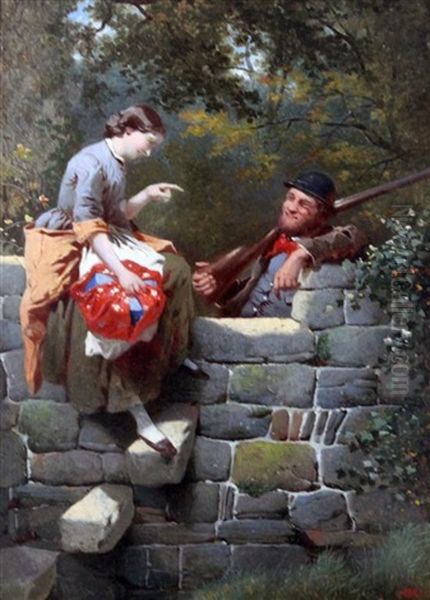 Maid And Gamekeeper Conversing At A Stile Oil Painting by William Edward Millner