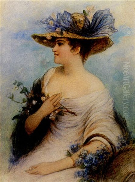 Portrait Einer Sitzenden Jungen Frau Mit Hut Und Blumen Oil Painting by Adolphe Philippe Millot