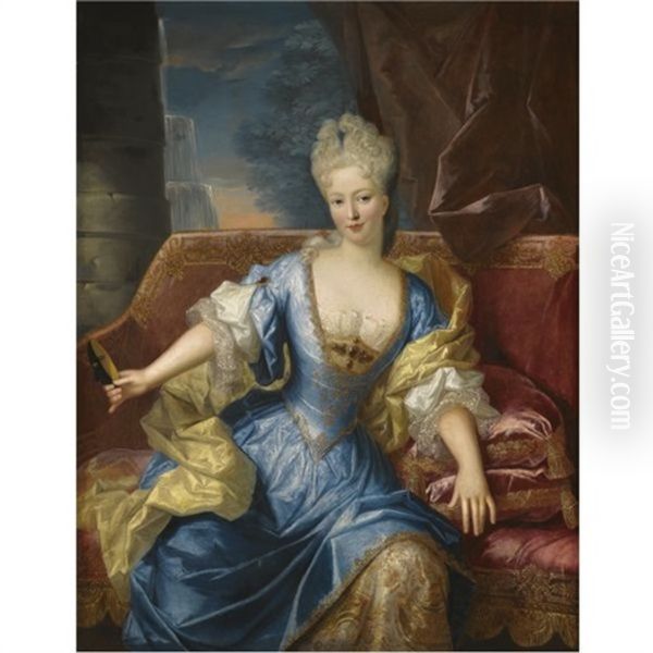 Portrait Of A Lady, Seated On A Canape, Holding A Mask In Her Outstretched Hand Oil Painting by Henri Millot