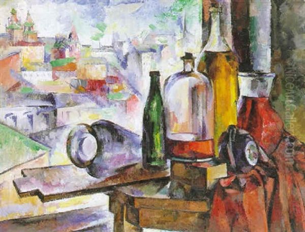 Still Life With Townscape Oil Painting by Adolf Milman