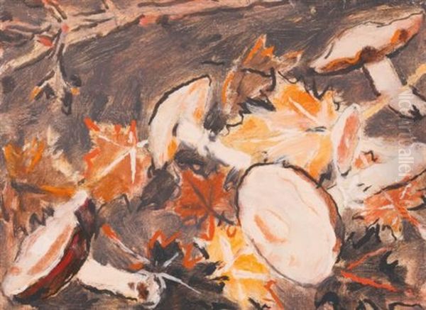 Mushrooms And Leaves Oil Painting by David Brown Milne