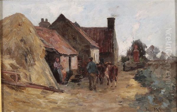 Cattle By A Farmstead Oil Painting by Joe Milne