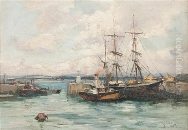 An East Coast Harbour Oil Painting by Joseph Milne