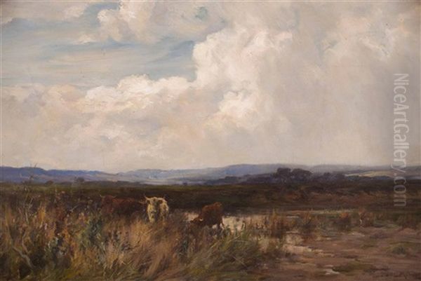 Highland Cattle Watering, Sunset Oil Painting by Joseph Milne