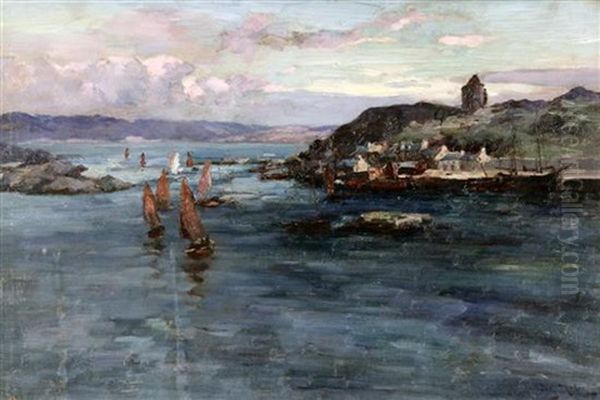 Fishing Boats Off The Coast Oil Painting by Joseph Milne