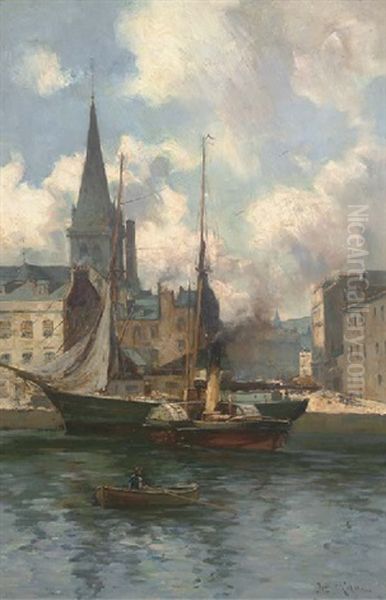 A Tug Boat And Row Boat Before A Sailing Ship, Dundee Oil Painting by Joseph Milne