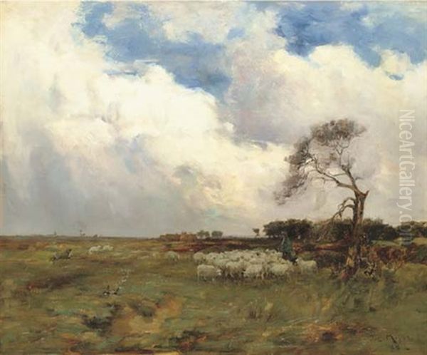 A Shepherd Tending His Flock Oil Painting by Joseph Milne