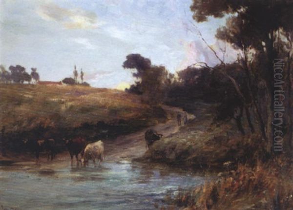 Cattle Watering Oil Painting by Joseph Milne