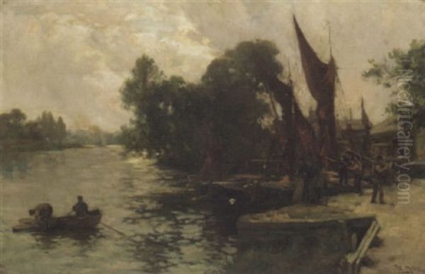 Evening On A Thames Backwater With Barges Moored By The Bank Oil Painting by Joseph Milne