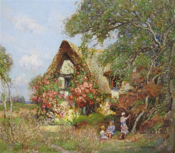 A Rural Idyll With Children Playing By A Cottage Oil Painting by William Watt Milne