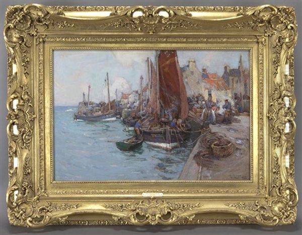 East Neuk Harbor Oil Painting by William Watt Milne