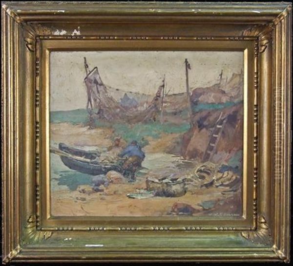 Harbour Scene With Fishermen Oil Painting by William Watt Milne