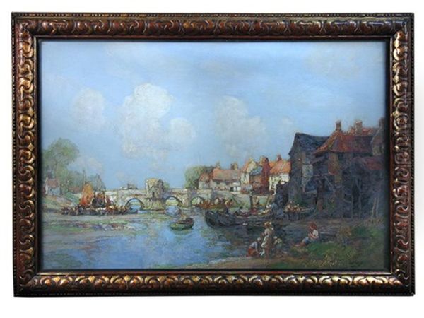 St. Ives Bridge, Huntingdon, With Fishermen And Boats In The Foreground Oil Painting by William Watt Milne