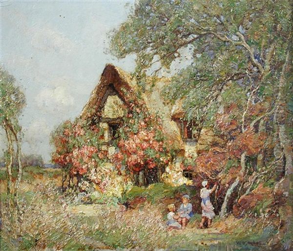 Children Blackberrying Outside A Rose-covered Cottage Oil Painting by William Watt Milne