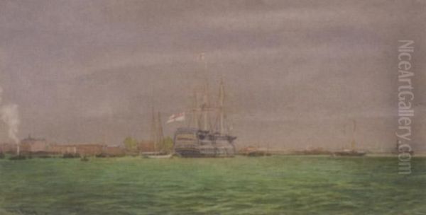 H.m.s Victory In Portsmouth Harbour Oil Painting by Irwin John David Bevan