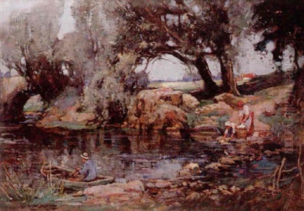 Women Washing At The Rivers Edge Oil Painting by William Watt Milne