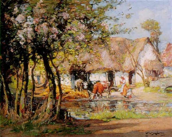 Cows And Figures Outside A Farmhouse Oil Painting by William Watt Milne